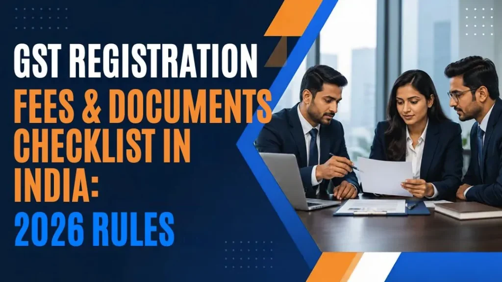 GST Registration Fees and Documents Checklist in India 2026 Rules alongside three professionals reviewing business documents