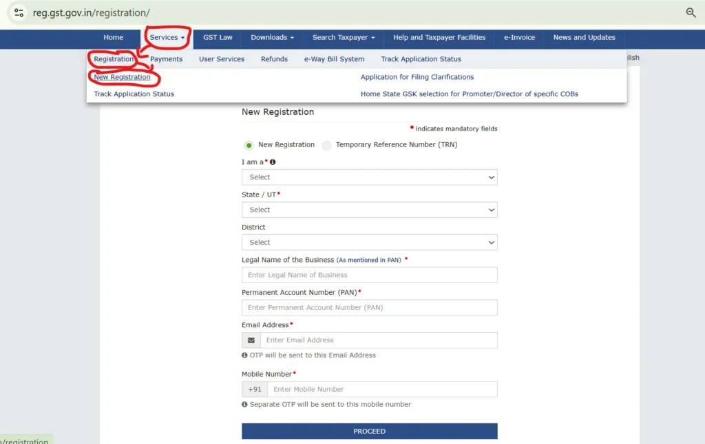 Step-by-step navigation path on the official government portal showing how to select Services, Registration, and click New Registration to open the application form layout.