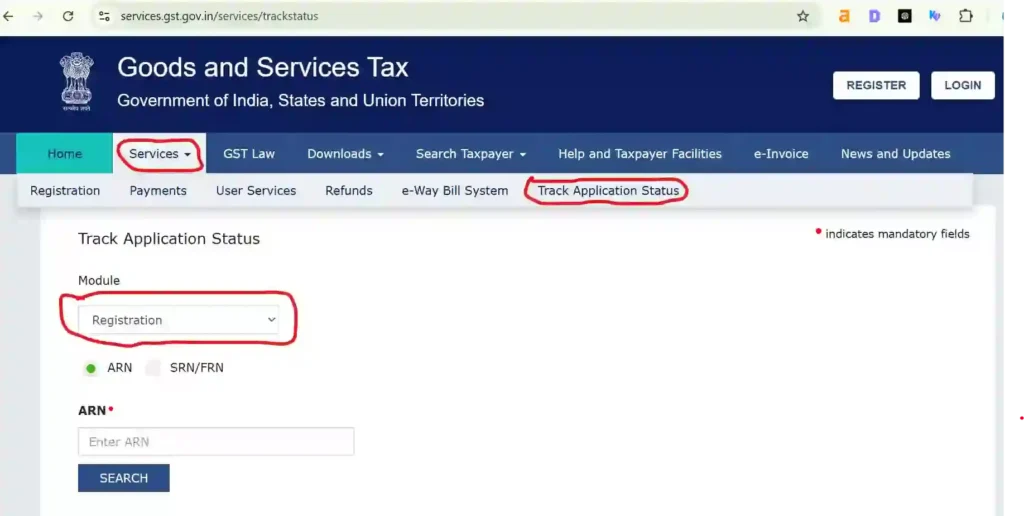 Step-by-step tutorial screen on the official government portal showing how to track GST registration application status using an ARN number under the Services menu.