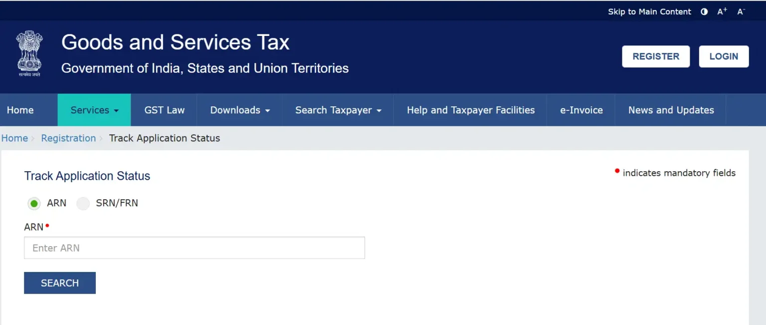 Official GST Portal Track Application Status page showing ARN input field for GST registration Status tracking