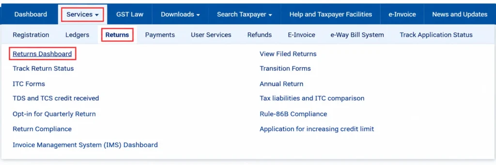 GST portal Returns Dashboard menu showing the navigation path Services > Returns > Returns Dashboard for accessing GST return filing services.