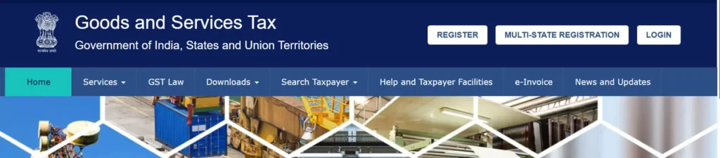 GST portal home page with the Login button at the top right to start downloading a GST registration certificate