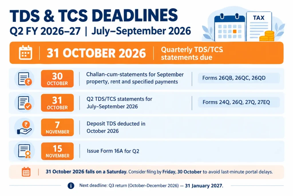TDS Return Filing Due Date FY 2026-27: Q2 Due 31 Oct