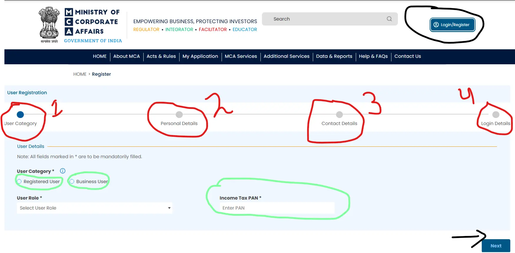 Ministry of Corporate Affairs (MCA) user registration page for pvt ltd company registration in India, showing a four-step setup tracker with user category and PAN input options highlighted.