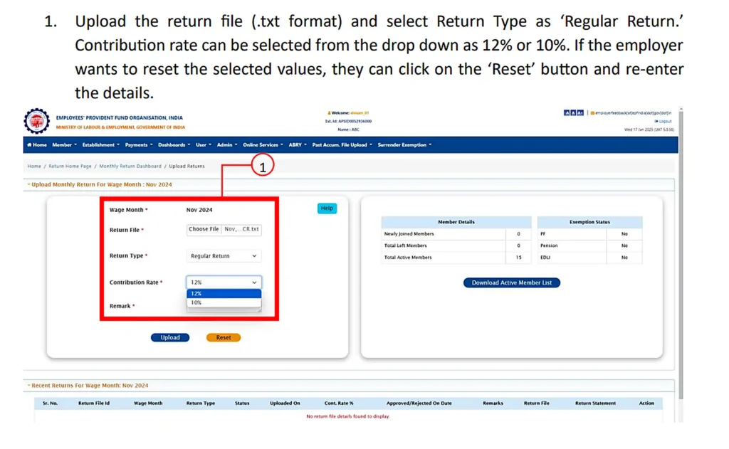 It’s Step 1 of the “Upload Monthly Return” flow for wage month Nov 2024. It has the Return File picker, Return Type set to “Regular Return,” the Contribution Rate dropdown (12% / 10%), the Upload and Reset buttons, and the Member Details and Exemption Status panels.